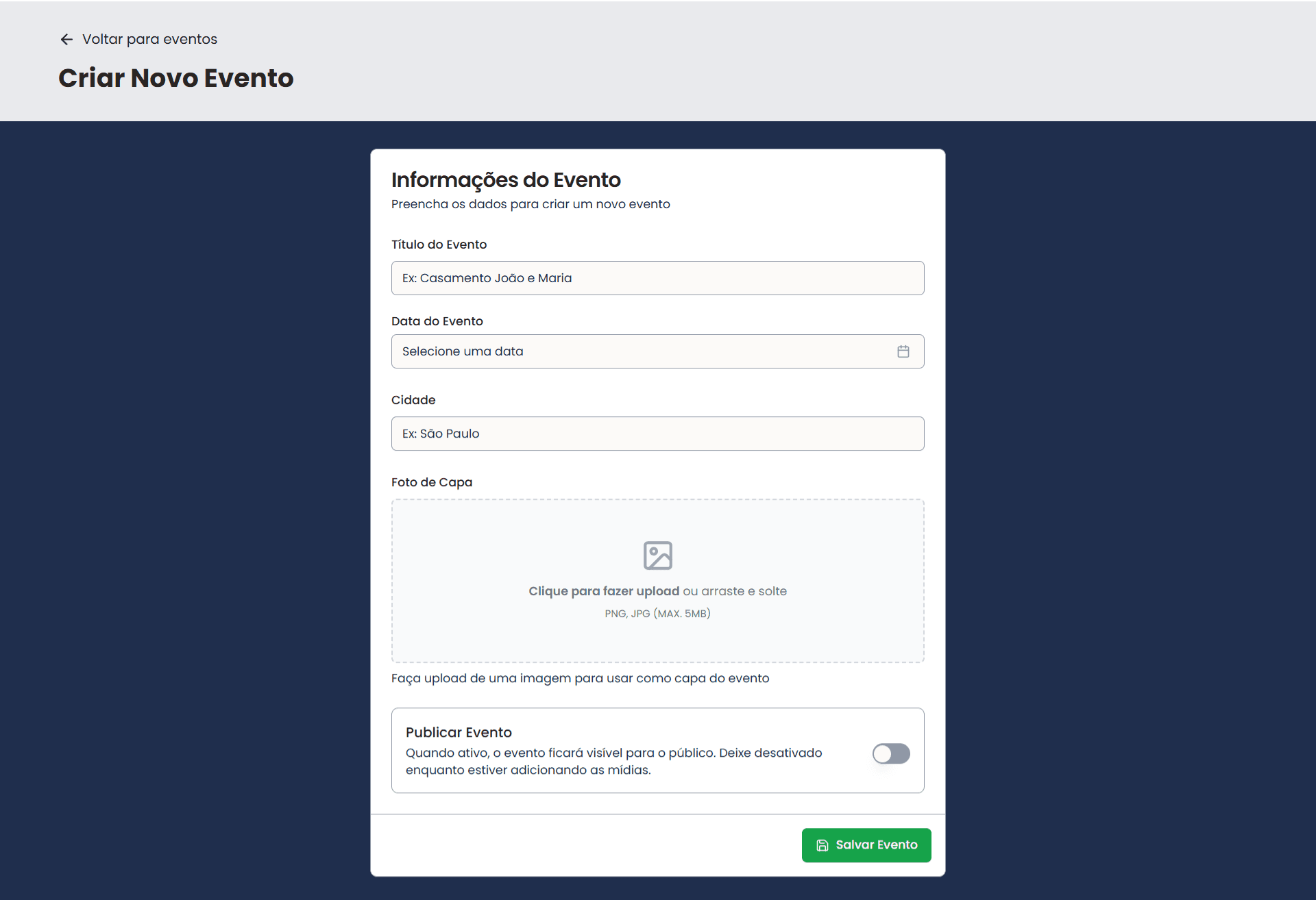 Tela de criação de evento